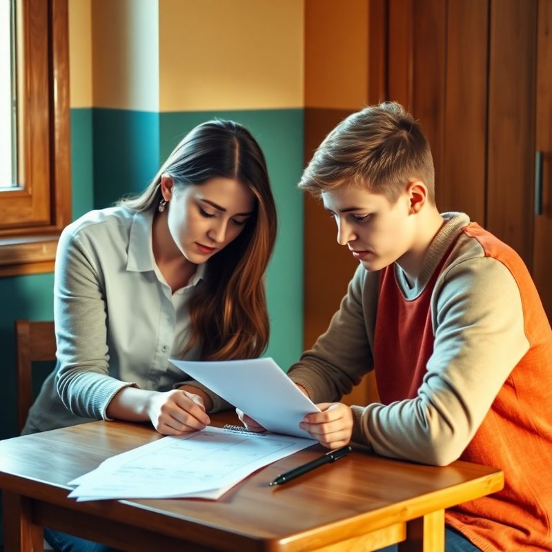 Profesor și elev discutând un test diagnostic la o masă de lemn, într-un cadru cald cu accent teal