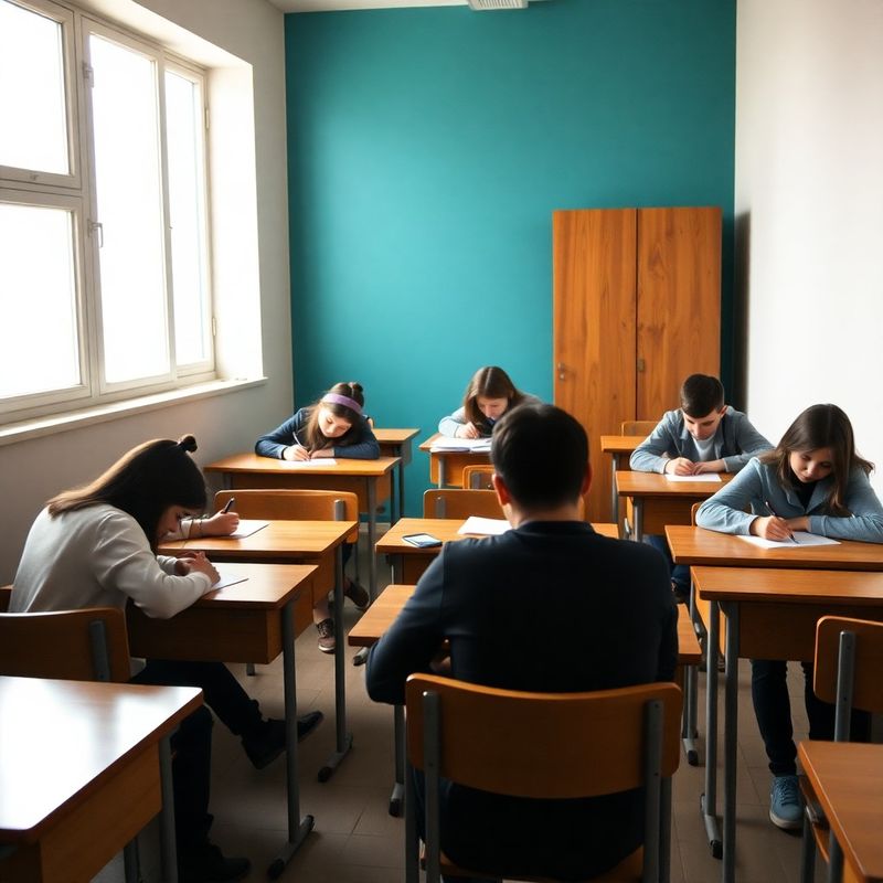 Sală de clasă intimă cu 8 locuri, perete de accent teal și birouri de lemn