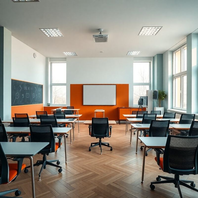 Sală de clasă renovată în tonuri teal-moderne, cu scaune ergonomice și tablă interactivă